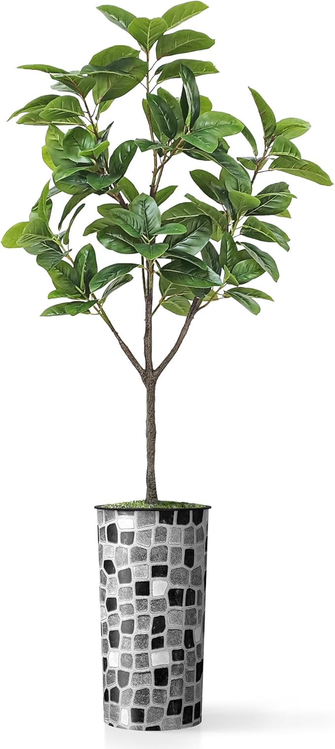 Artificial Tree in Modern Geometric Pattern Planter, Fake Rubber Silk TRE for Indoor and Outdoor Home Decoration - 70" Overall Tall (Plant Pot Plus Tree)