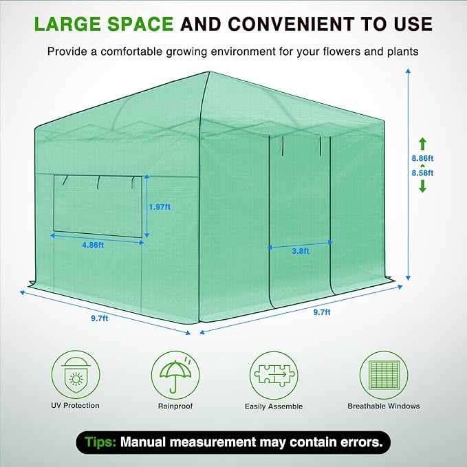 Yesker Greenhouse 10X10 FT Pop Up Greenhouses Tent Walk in Green House with Screen Windows Waterproof PE Cover Portable Large Greenhouse Kit for Outdoor Winter Gardening Backyard Patio Plant Outside