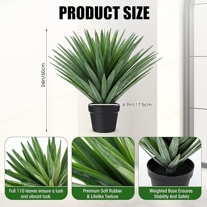 Giegxin 1 Pcs 27'' Artificial Agave Plant in Black Pot Faux Agave Plant Potted with 110 Realistic Leaves UV Resistant Artificial Greenery Outdoor Indoor for Housewarming Gift House Garden