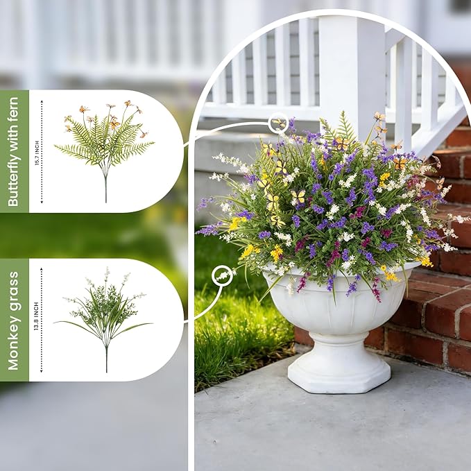 Artificial Fake Flowers for Outdoor Porch Planters Boxes Decoration,12 Bundles Outdoor Faux Fern Plants with Butterfly,UV Resistant Greenery Yard Patio Garden Decor