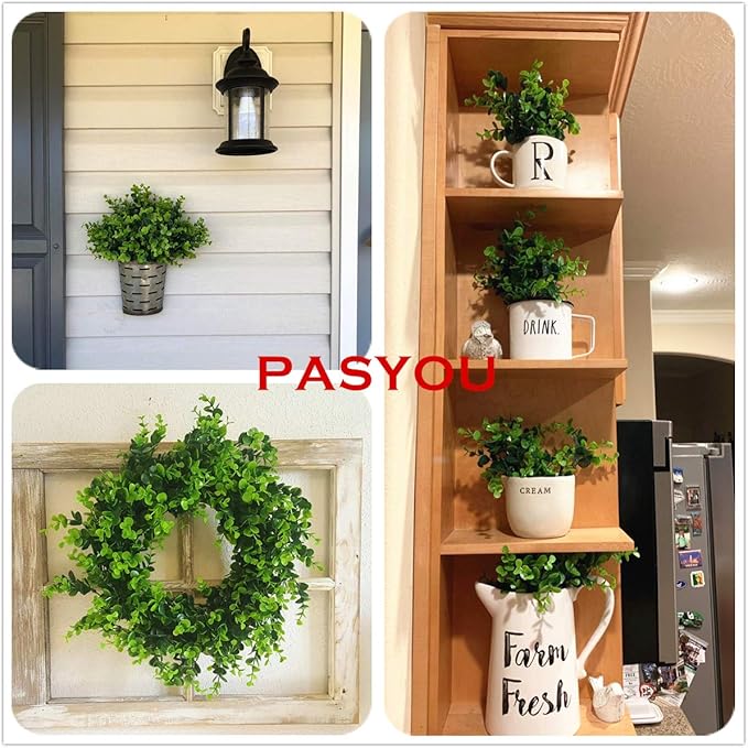 Artificial Shrubs, PASYOU Plastic Plants Eucalyptus Grass Fake Shrub Bushes Greenery Leaves Bush Indoor Outdoor Home Garden Party Verandah Wedding DIY Table Arrangement Decoration Planter Filler 8 Pcs