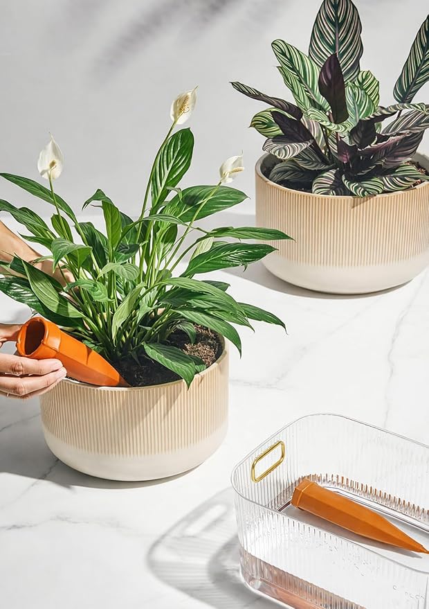 Ceramic Planters - 10+12 Inch Large Pots for Indoor & Outdoor Plants, Modern Flower Pots with Drainage Holes and Self Watering Devices, House Beige Big Plant Pot, Set of 2
