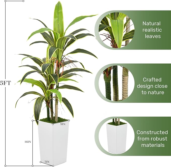 Aritificial Dracaena Tree 5FT with Realistic Trunks and 33 Leaves in Tall White Pot Faux Tropical Yucca Floor Plant for Home Office Decor Indoor Housewarming