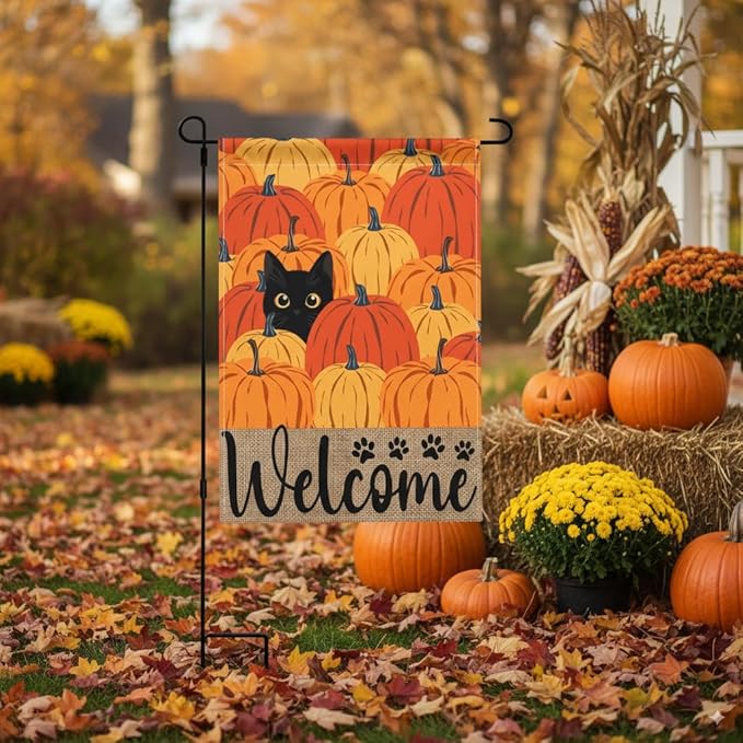 Fall Pumpkin Welcome Garden Flag 12x18 Inch Black Cat Double Sided Autumn Decor Thanksgiving Holiday Yard Flags Outdoor Decorations