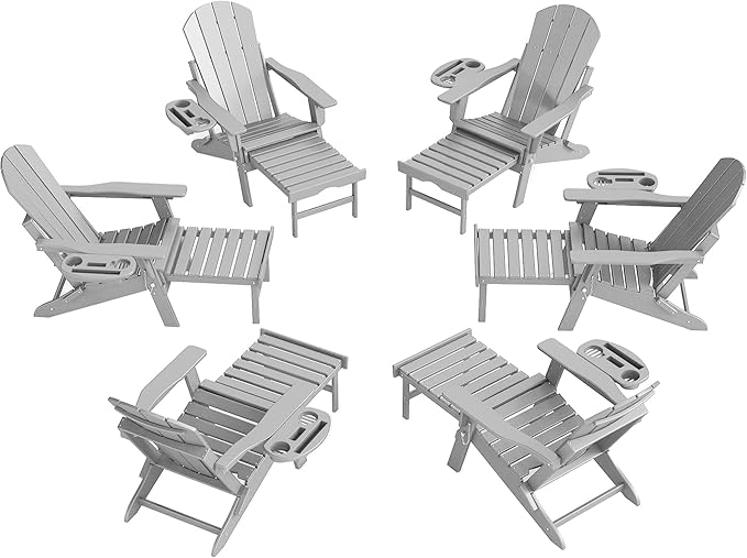 Adjustable Adirondack Chair with Retractable Ottoman Set of 6, HDPE Folding Adirondack Chair with Cup Holder, All Weather Fire Pit Chair for Outdoor.