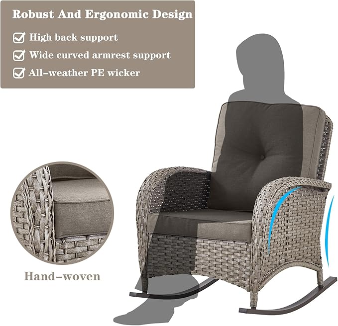 Belord 5 Piece Outdoor Conversation Patio Furniture Set - All-Weather Wicker Patio Rocking Chairs with Loveseat Glider Chair and Coffee Table for Patio Deck Porch Backyard Gray Wicker Gray Cushion