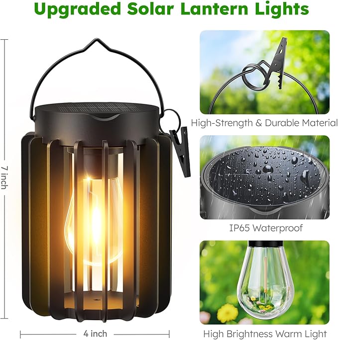 Solar Lanterns Outdoor Waterproof, Brighter Up to 12 Hrs Outdoor Hanging Solar Lights, Outside Hanging Lanterns for Garden Porch Patio Yard Decor, Gifts for Women Mom Father Black 2 Pack