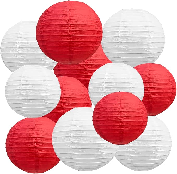 BEISHIDA Red White Round Paper Lanterns Decorative Hanging Asia Chinese Japanese Paper Lanterns Lamp for Birthday Graduation Baby Shower Wedding Home Decor Outdoor Party Decoration(12Packs)