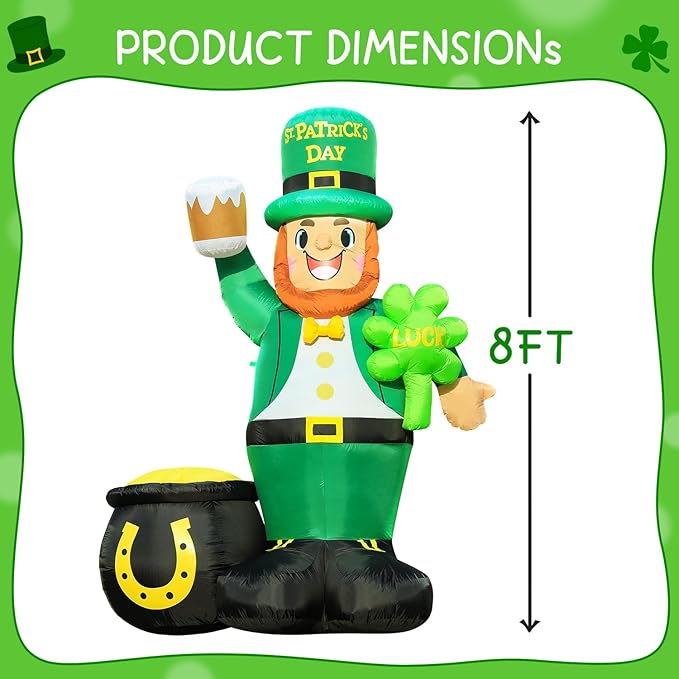 St. Patricks Day Inflatable Decorations 8ft Large Leprechaun Built-in LED Lights with Shamrock and Gold Coin Pot Blow Up Décor Outdoor Lucky Day Holiday Party Lawn Yard Garden Patio