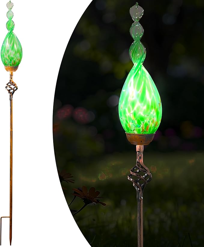 Naboher Solar Garden Lights Outdoor, Decorative LED Flame Garden Stakes, Hand Blown Glass and Outdoor Waterproof Glass Stakes (Green)