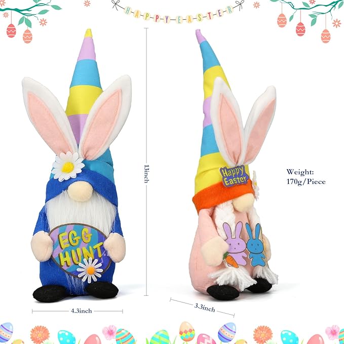 Lovinland Easter Decorations - Bunny Gnomes Decor for Home, Indoor, Tiered Tray, Office, Desk - Spring Rabbit Stuffed Centerpiece Table - Easter Basket Stuffers Essentials for Women - Gnome Gifts