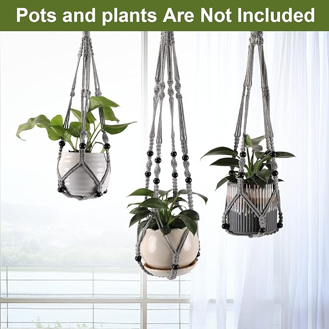 MKO SHUN 3-Pack Macrame Plant Hanger Indoor - Hanging Planter Basket for Indoor Outdoor - Decorative Boho Plant Holders Set with Beads - Ceiling Flower Pot Holder with 6 Hooks - 35"/30"/24" Gray