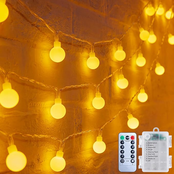 Minetom Battery Operated String Lights, 21FT 60 LED Globe Fairy Lights with Remote, Waterproof Twinkle Lights for Indoor Outdoor Bedroom Classroom Dorm Camping Canopy Wedding Xmas Decor, Warm White