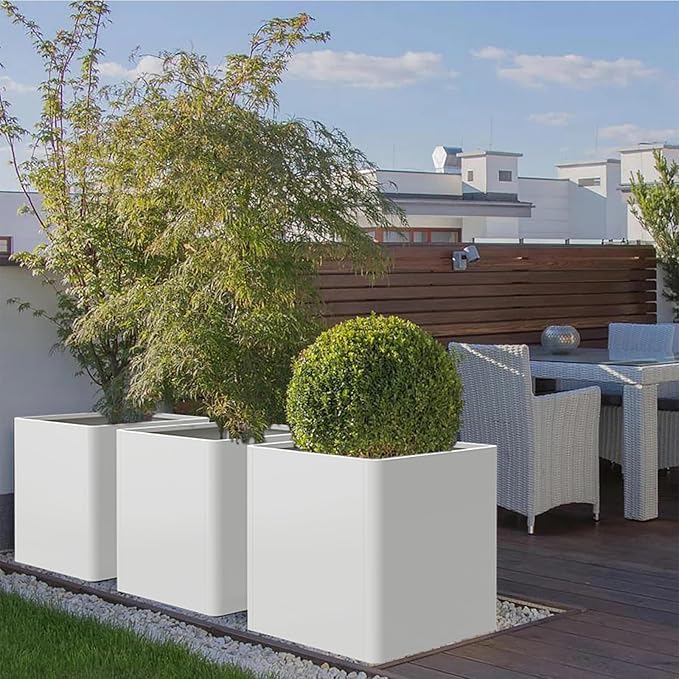 Gardenaire White Steel Square Planter 24" L x 24" W x 25" H,Cube Heavy Duty Flower Pot for Outdoor Plants with Drainage Holes,Metal Planter Box for Indoor and Outdoor All-Weather Use