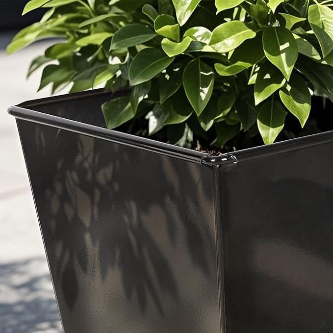 Worth 2 Pack 28" Tall Large Metal Planter, Tapered Steel Flower Pots with Insert Plate with Drain Holes & Air Vents for Indoor or Outdoor Use, Black