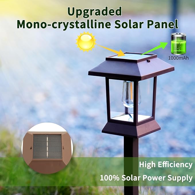 Glosola 6Pack Solar Pathway Lights Outdoor Waterproof IP65, Brown Solar Lights Outdoor with Hook Upgraded 1000mAH Battery, Up to 12Hrs, Auto On/Off, Garden Decor for Yard, Driveway, Walkway (Bulb)