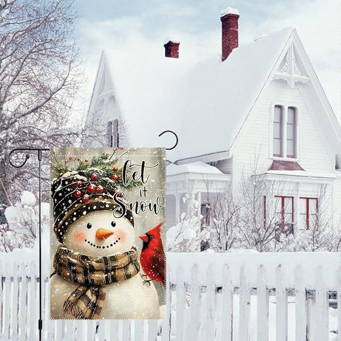 Let It Snow Garden Flag 12x18 Inch Double Sided Burlap Snowman Winter Yard Flag Cardinal Outdoor Holiday Christmas House Banner Small Seasonal Welcome Decoration for Porch Lawn