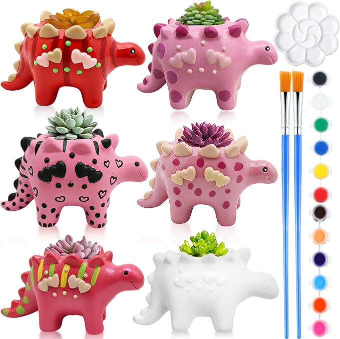Pasimy 6 Set Ceramics to Paint DIY Ceramic Succulent Planter Pots Paint Your Own Flower Pots Craft Kit Unpainted Bisque Flowerpot with Brush Palette for Family Activity Holiday Gifts(Dinosaur)