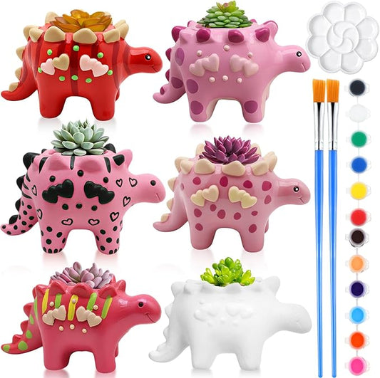 Pasimy 6 Set Ceramics to Paint DIY Ceramic Succulent Planter Pots Paint Your Own Flower Pots Craft Kit Unpainted Bisque Flowerpot with Brush Palette for Family Activity Holiday Gifts(Dinosaur)