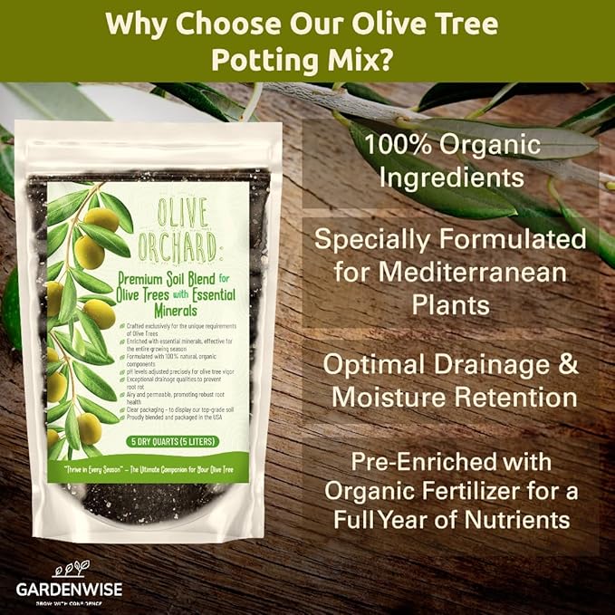 GARDENWISE Organic Olive Tree Potting Mix – Fast-Draining, Nutrient-Rich Soil for Indoor & Outdoor Olive Trees – Mediterranean Plant Care – Long-Lasting Formula (10 QUARTS)