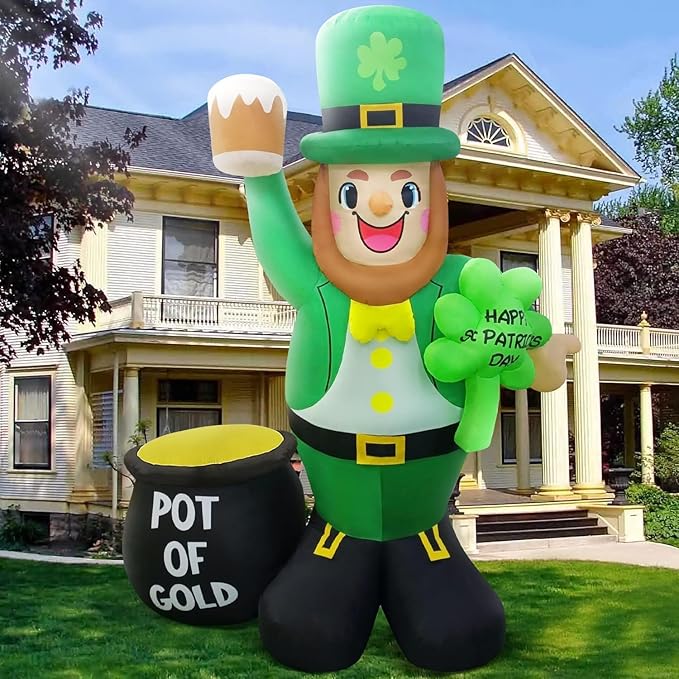 St. Patricks Day Inflatable Decorations 8ft Large Leprechaun Built-in LED Lights with Shamrock and Gold Coin Pot Blow Up Décor Outdoor Lucky Day Holiday Party Lawn Yard Garden Patio