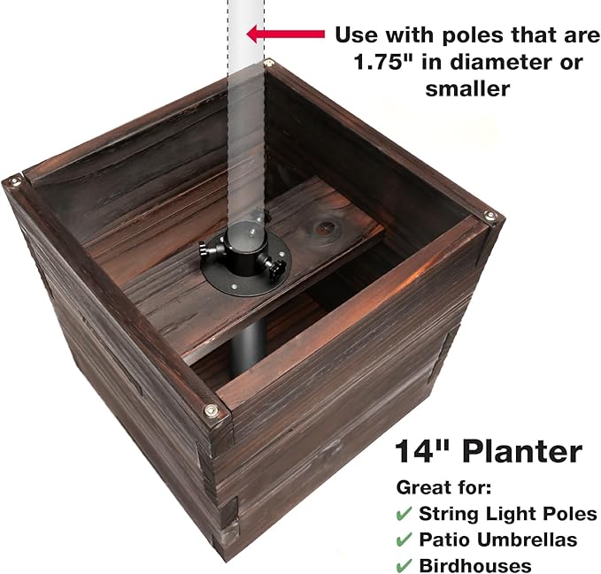 Large Decorative Wooden Planter w/ Universal Pole Support for String Light Poles, Umbrellas, Bird Feeders. Solid Wood Outdoor Garden Patio Box For Plants(Does not include Pole), 14"x14"x14", Brown