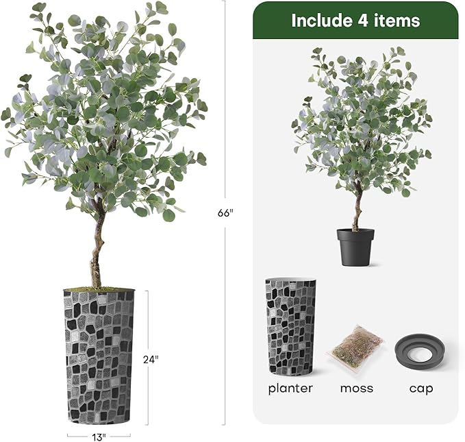 Artificial Tree in Modern Geometric Pattern Planter, Fake Eucalyptus Silk Tree for Indoor and Outdoor Home Decoration - 66" Overall Tall (Plant Pot Plus Tree)
