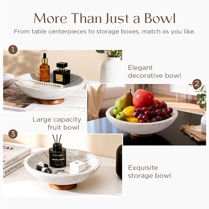 SAMAH Gray Marble Fruit Bowl with Acacia Wood Pedestal, Large Decorative Footed Bowl, Natural Stone Centerpiece for Kitchen Counter, Entryway, Keys, Dining Table, House Warming Gifts New Home(11Inch)