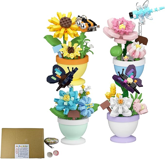 Sacblirr Set of 4 Mini Flower Bonsai with Cute Insects - DIY Potted Plant Building Blocks for Kids and Adults, Botanical Collection Decor Toy
