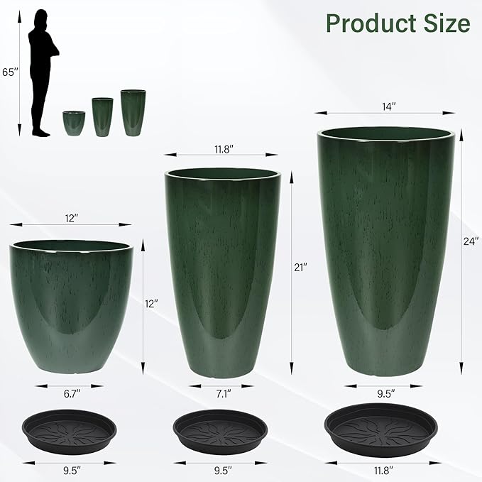 Neoaider 24/21/12 Inch Large Plastic Planter, Lightweight Ceramic-Look Tall Planters with Drain Hole & Saucers, Tall Plastic Planters for Porch, Garden, Patio, Balcony(Dark Green)