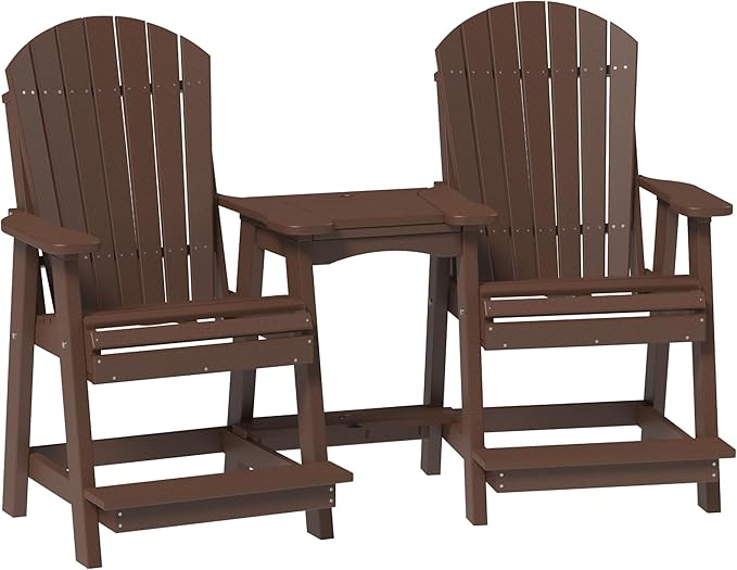 LuxCraft Poly Tete-a-Tete Patio Table and Counter Height Balcony Chairs with Umbrella Hole, Weatherproof Outdoor Patio Furniture Set for Outside - Amish Made in USA (Chestnut Brown)
