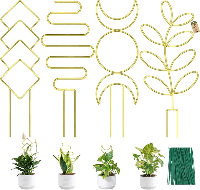 Coomin Small Plant Trellis for Climbing Plants Indoor, 15in Metal House Plant Trellis for Potted Plants, Mini Plant Support for Hoya Pothos, Gold