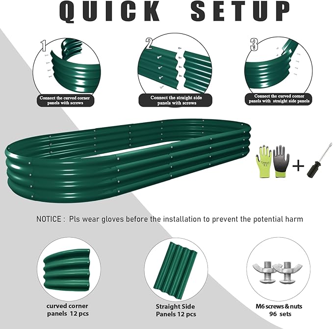 4 Pack 8x3x1FT Galvanized Raised Garden Bed Large Metal Planter Box Kit Elevated Raised Garden Planters for Outdoor Plants, Green