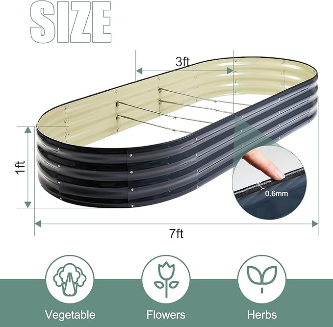 7x3ft Grey Oval Metal Raised Garden Bed - 12" Deep Galvanized Outdoor Planter Box for Vegetables/Flowers, Heavy Duty Rust-Proof Design (Weatherproof & Easy Assembly)