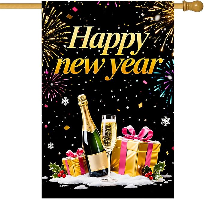 Happy New Year House Flag 28x40 Inch Champagne Bottle Gift Boxes and Fireworks Garden Flag Black Gold Holiday Outdoor Yard Decoration Celebration Banner for Home Porch Lawn