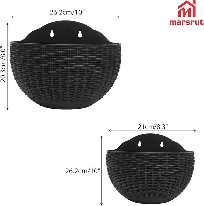 2pcs Semi Circle Hanging Wall Planter, Wall Mounted Half Round Flower Pot for Outdoor Indoor Decoration, Imitation Rattan Plastic Baskets Container with Hooks, Drainage, for Home Office Balcony Fence
