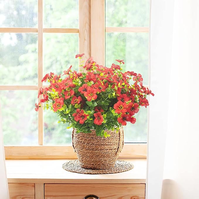 Grunyia 10 Bundles Artificial Flowers Outdoor UV Resistant Fake Flowers No Fade Faux Plants Garden Porch Window Box Decorating (Red)