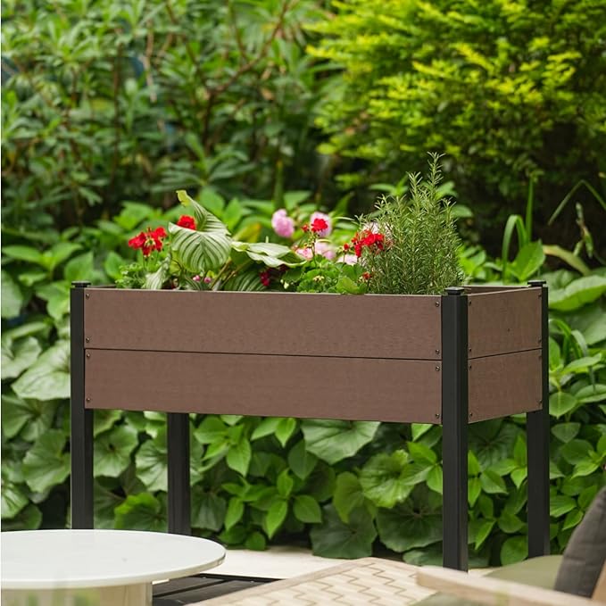 42" l x 33"h HDPE Elevated Garden Bed with Storage Shelf - Wood Grain Finish, All-Weather Standing Planter Box with Sturdy Black Aluminum Frame for Vegetables, Herbs on Patio, Balcony & Outdoors