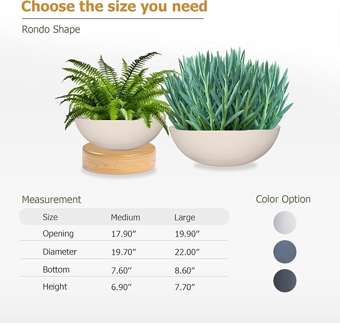 KUTE NEST 6.9" H x 19.7" D Round Bowl Fiberstone Planter for Succulent and Lotus with Drainage Hole, Smooth Finishes, Weather Resistant, Included 2 Extra Coco Mats (Kilim Beige, 17.9" Pot Opening)