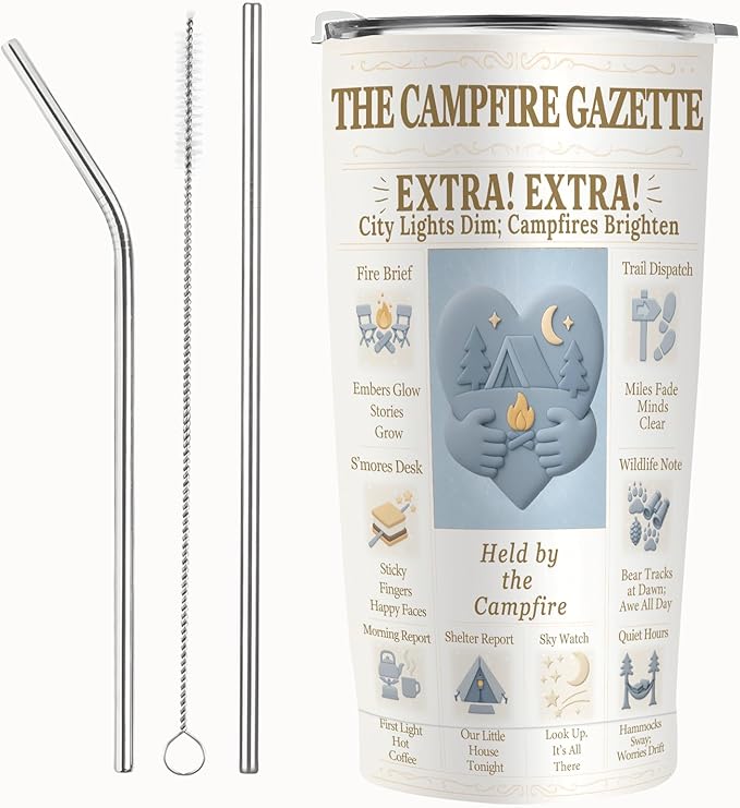 SNUGLYZEN Camping Tumbler 20 oz Stainless Steel Travel Cup with Lid, Vintage Camp Newspaper Design, Tent & Trees Night Sky Art, Outdoor Coffee Mug, Gift for Campers Men Women