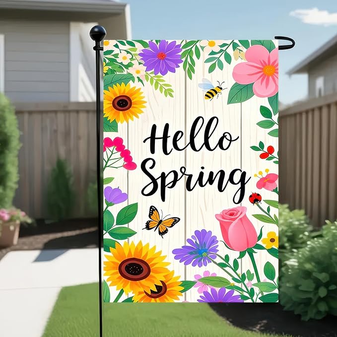 Hello Spring Garden Flag 12x18 Inch Floral Welcome Garden Flag Spring Yard Banner for Outdoor Porch Patio Lawn Springtime Farmhouse Outdoor Decor Seasonal Garden Flags