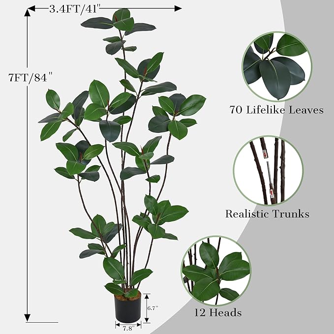 7FT Artificial Green Rubber Tree - 84" Faux Trees Indoor with 68 Lifelike Vivid Leaves and 10Heads, Tall Fake Potted Plant for Home Office Living Room Decor Housewarming Gift