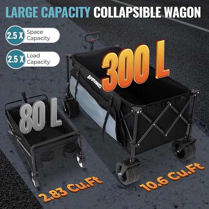 FUNDANGO Large Wagons Carts Foldable Heavy Duty, 300L Compact Collapsible Folding Wagon with Big All-Terrain Wheels for Outdoor, Camping, Sand Beach, Sport, Lawn, Garden, Shopping Groceries, Black