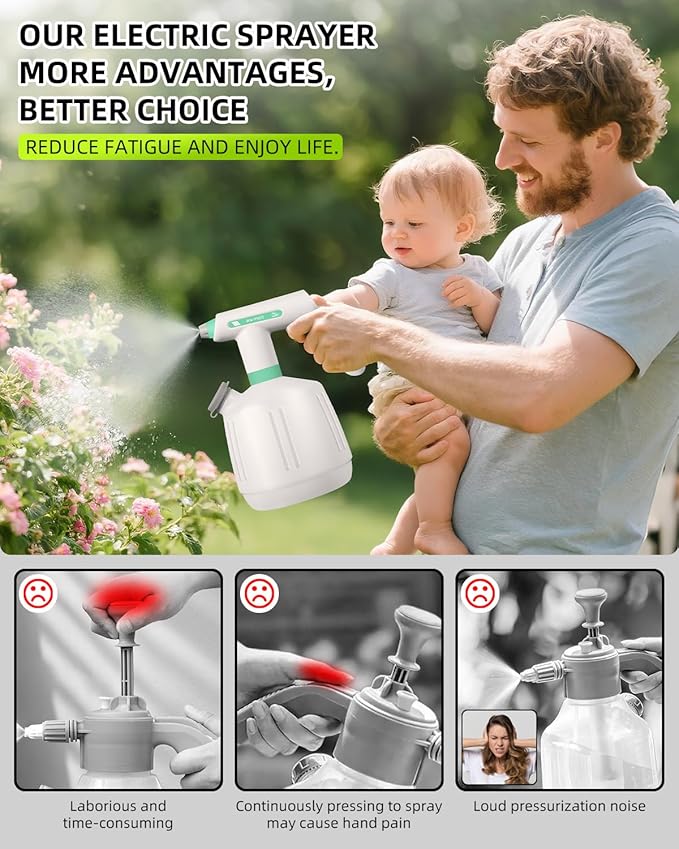 Uten Cordless Electric Sprayer - 2L Rechargeable Electric Spray Bottle, Power Display, Extended Nozzle for Hard-to-Reach Areas, Multi-Use for Cleaning, Watering, Disinfecting