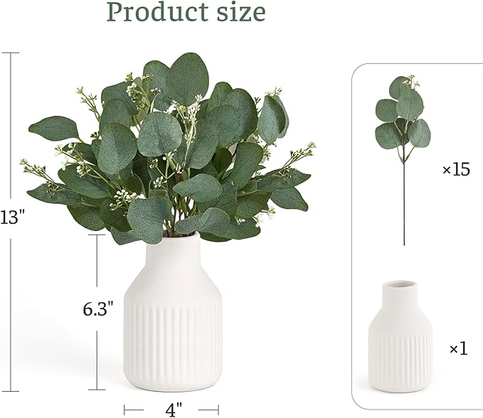 Dahey Artificial Eucalyptus Stems in Ceramic Vase Centerpiece Table Decorations Modern Farmhouse Decor Fake Eucalyptus Plants with Vase for Bathroom Kitchen Shelf Living Room Home Decor, White