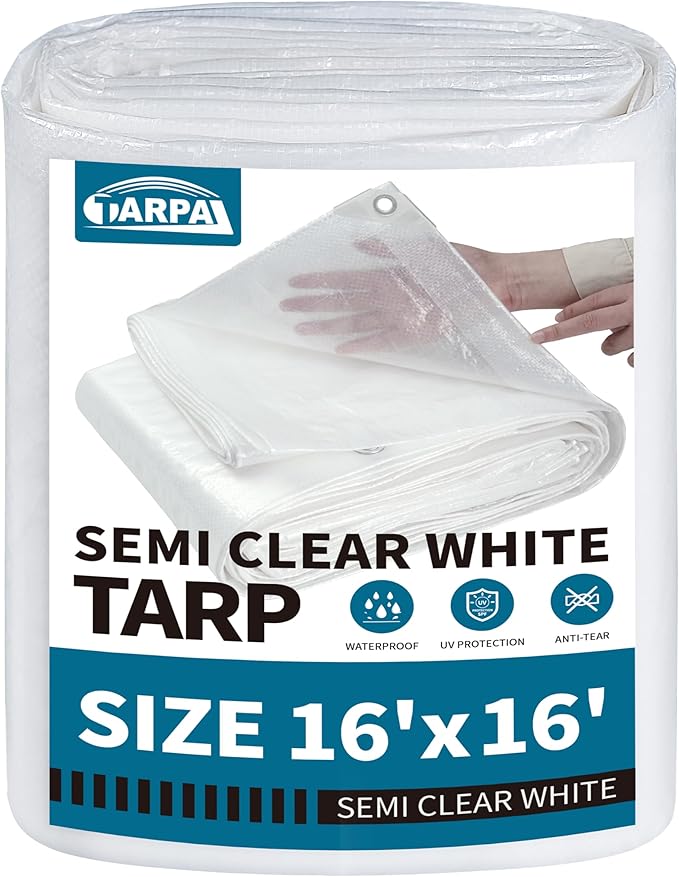 TARPAL 10'x12' Semi Clear White Tarp Waterproof Green House Cover with Grommets 7.5mil Clear Poly tarps for Gardening,Farm, Garden,Chicken Coops，Outdoor
