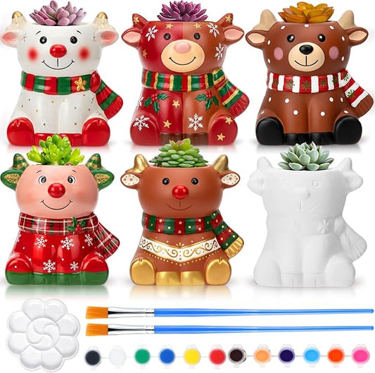 Pasimy 6 Set Ceramics to Paint DIY Ceramic Succulent Planter Pots Paint Your Own Flower Pots Craft Kit Unpainted Bisque Flowerpot with Brush Palette for Family Activity Holiday Gifts(Elk)