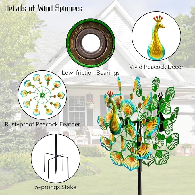 VEWOSTAR Peacock Wind Spinners Outdoor,13” Metal Wind Spinner Garden Pinwheels,360°Peacock Wind Sculptures & Spinners,Kinetic Wind Spinners for Yard and Garden(13.8”W X 64.2”H)