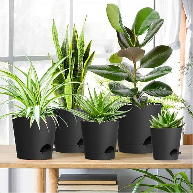 WSMKSZ 7/6.5/6/5.5/5/4 inch Self Watering Pots for Indoor Outdoor Plants, 6 Pack Plastic Flower Planters with Drainage Holes and Removable Saucers, Plant Pots with Wicking Rope, Modern Decor, Black