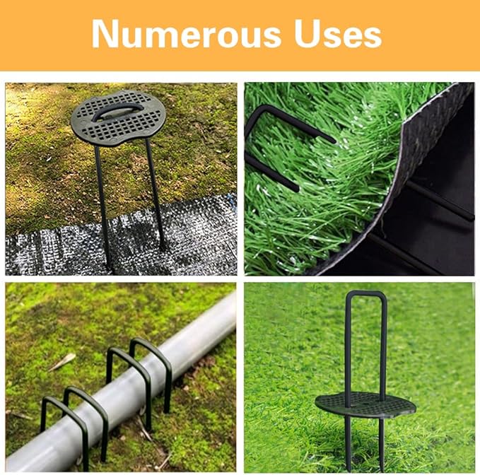 Bakulyor 150pcs Black Landscape Staples + 150pcs Buffer Washer, 6 Inch 11 Gauge Garden Stakes Staples, U Shaped Galvanized Lawn Pins Heavy Duty Yard Ground Pin for Weed Barrier Sod Fabric Decorations